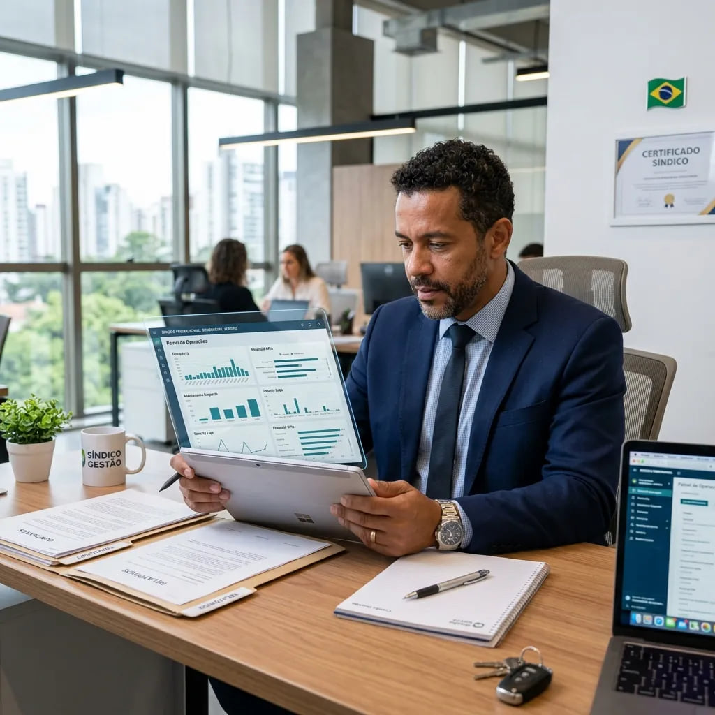 Gestor condominial analisando informações da operação em um painel digital.