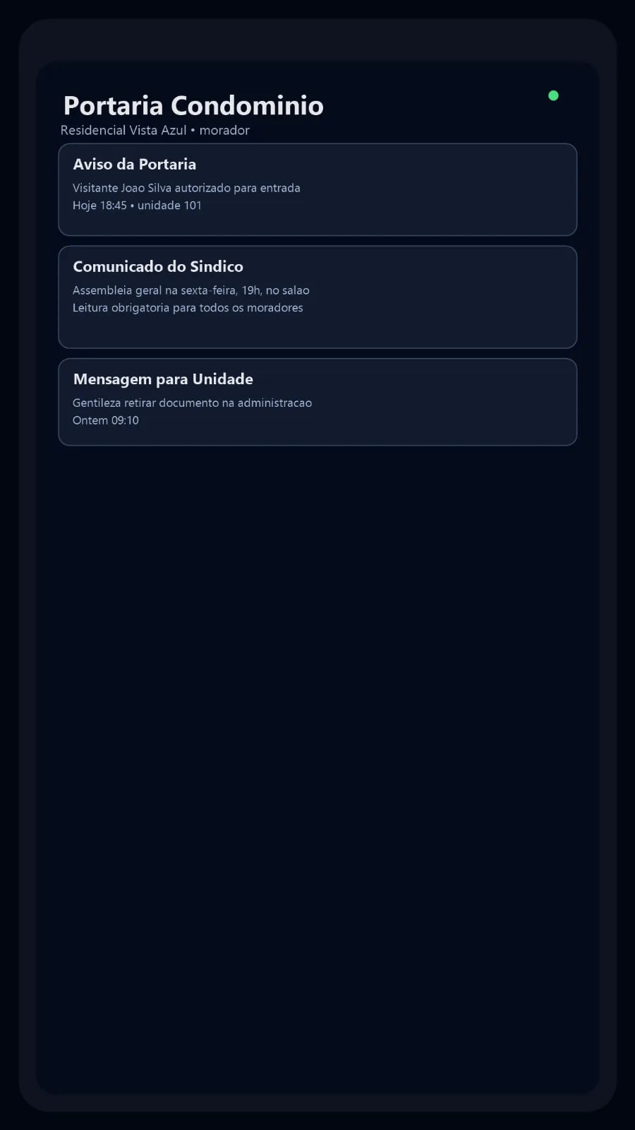 Tela de avisos no aplicativo do morador do TT Portaria, com comunicados da portaria e do síndico.
