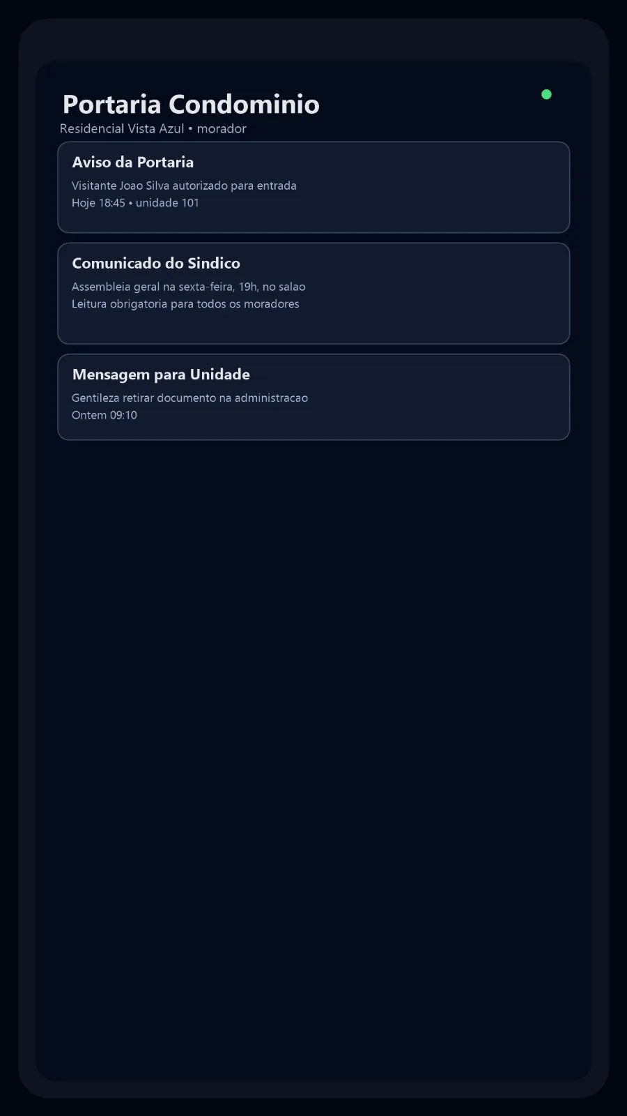 Tela de avisos no aplicativo do morador do TT Portaria, com comunicados da portaria e do síndico.