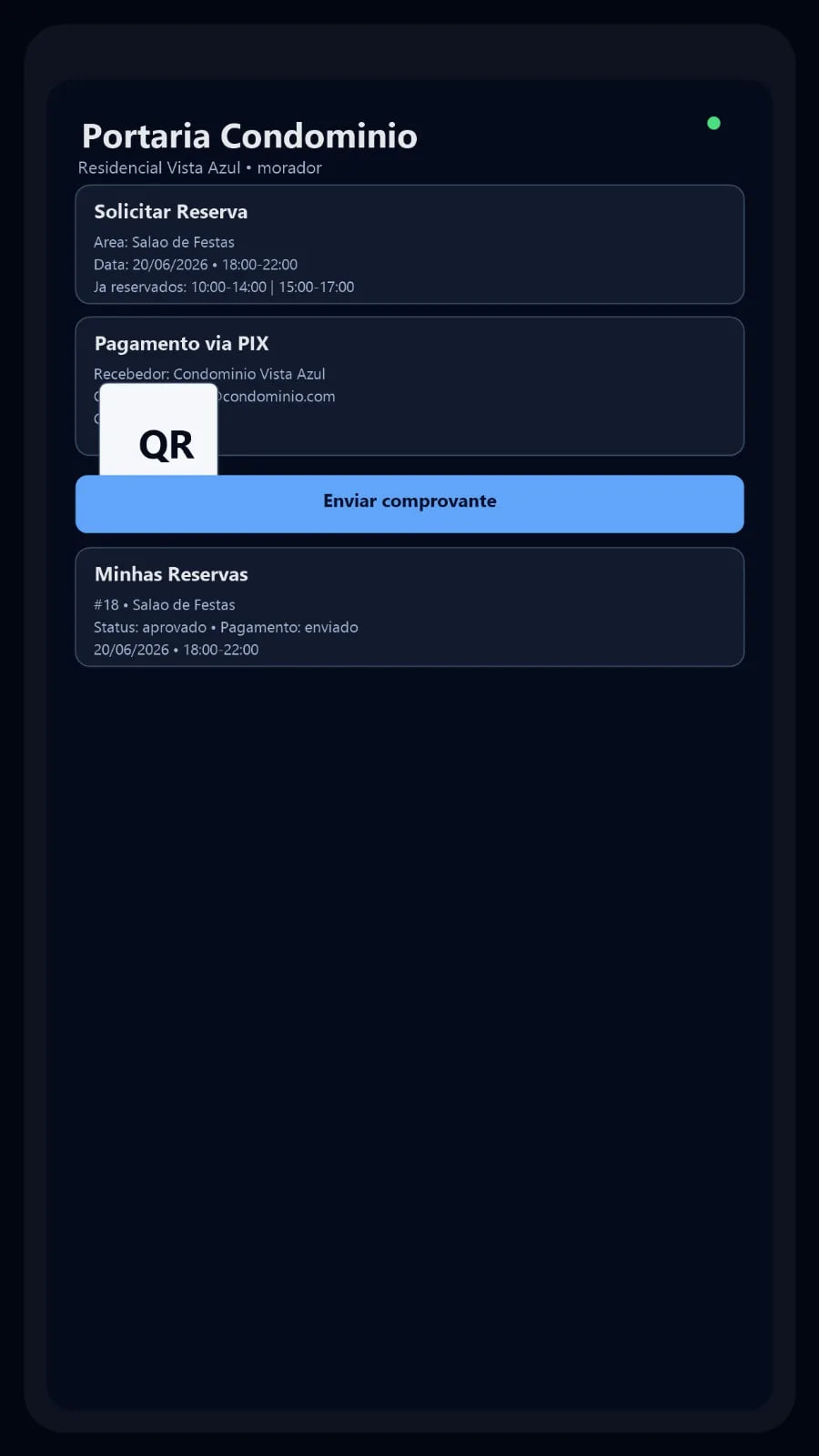 Tela de reservas no aplicativo do morador do TT Portaria, com pagamento via PIX por QR Code.