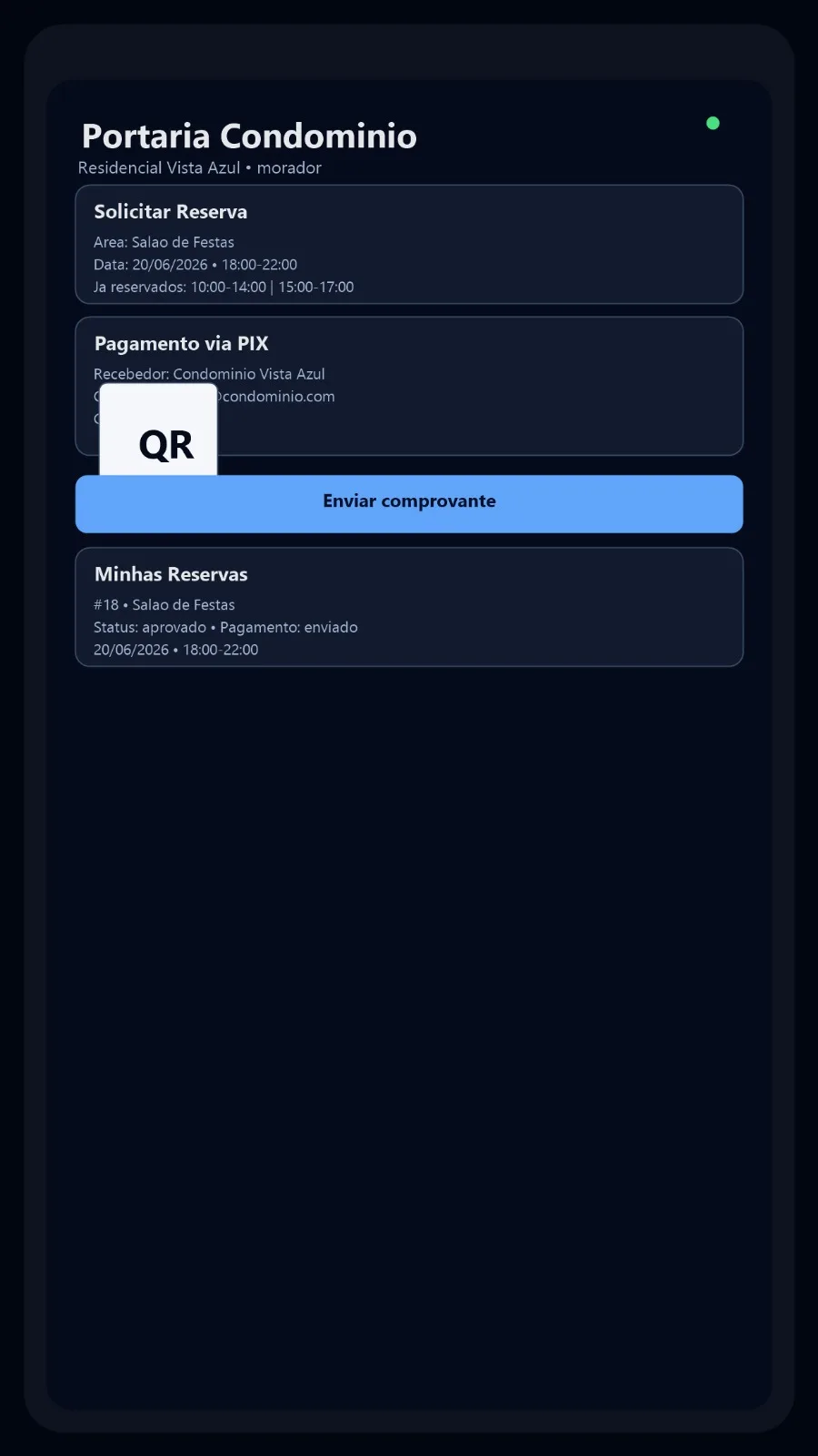 Tela de reservas no aplicativo do morador do TT Portaria, com pagamento via PIX por QR Code.
