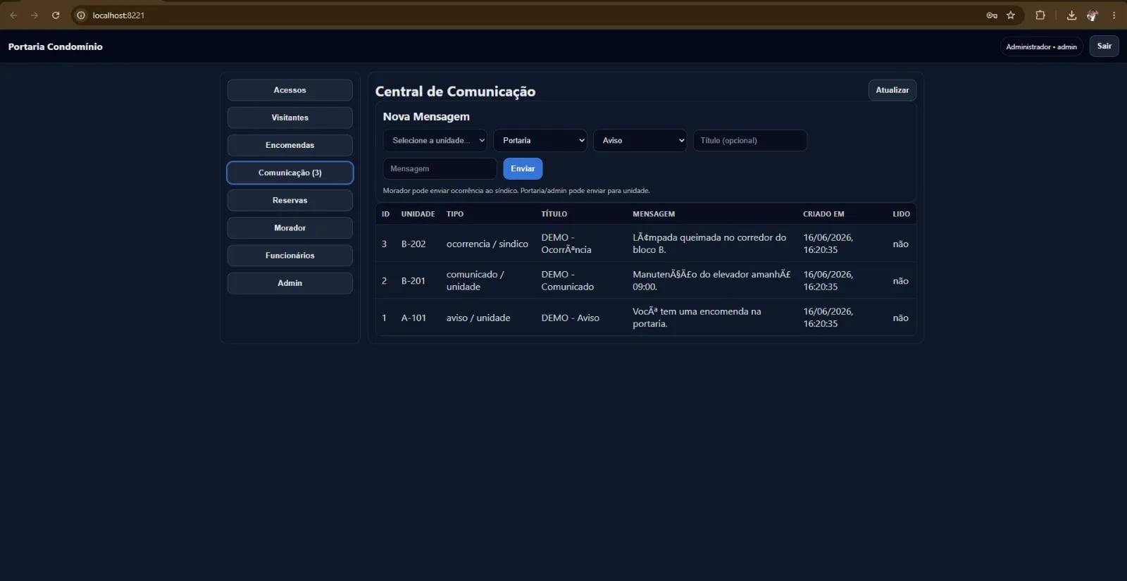 Tela da central de comunicação do TT Portaria, com envio de avisos, comunicados e ocorrências por unidade.