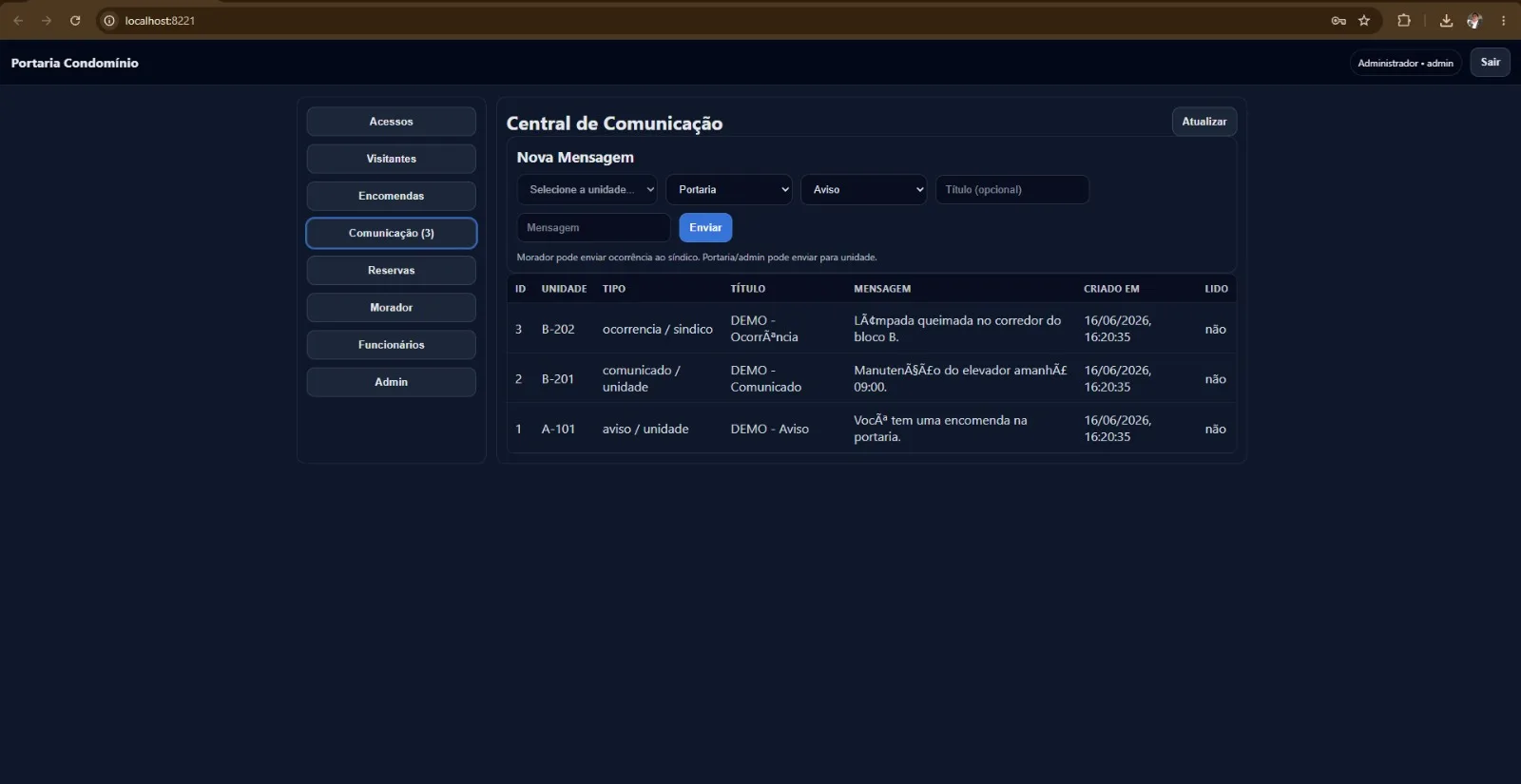 Tela da central de comunicação do TT Portaria, com envio de avisos, comunicados e ocorrências por unidade.