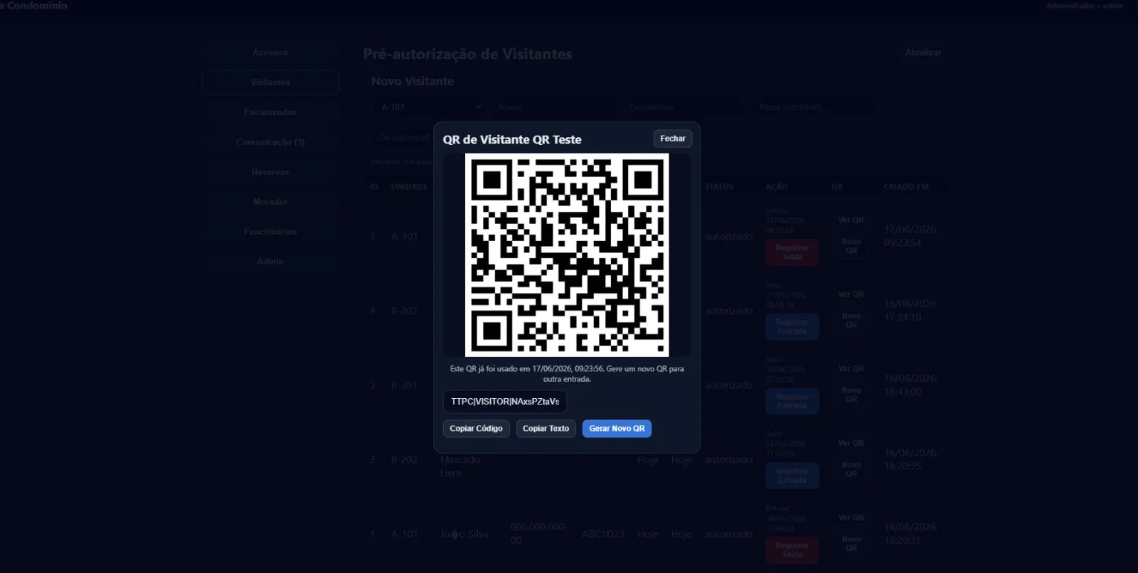 Modal do TT Portaria exibindo o QR Code de acesso gerado para um visitante autorizado.