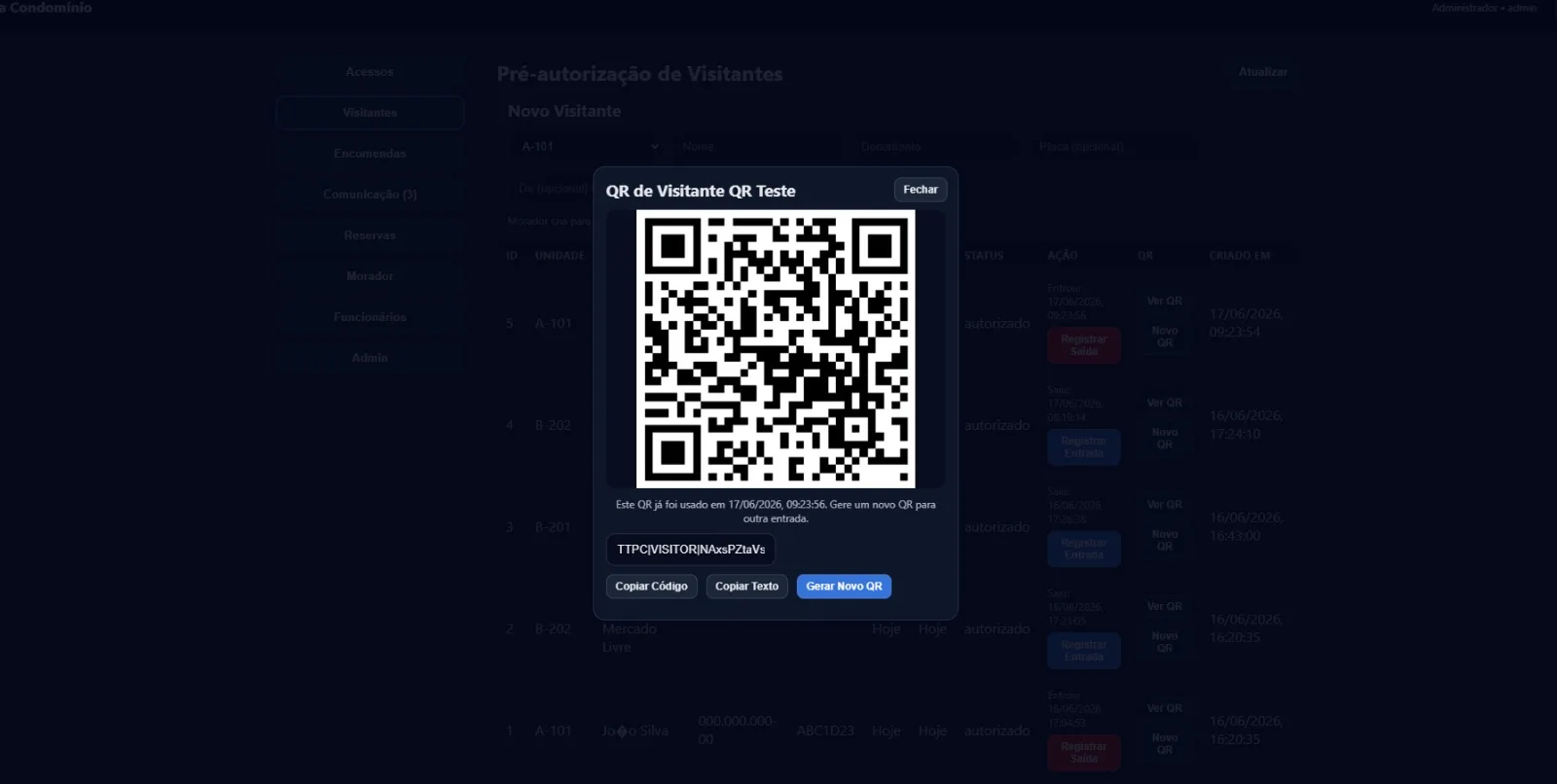 Modal do TT Portaria exibindo o QR Code de acesso gerado para um visitante autorizado.